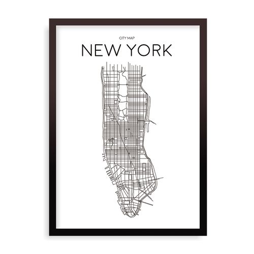 Quadro Mapa Minimalista New York Branco - 44 x 61,4 cm - Preto