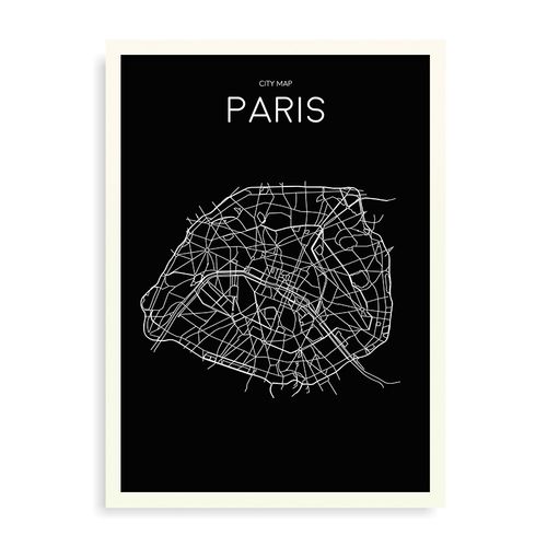 Quadro Mapa Minimalista Paris Preto - 44 x 61,4 cm - Branco